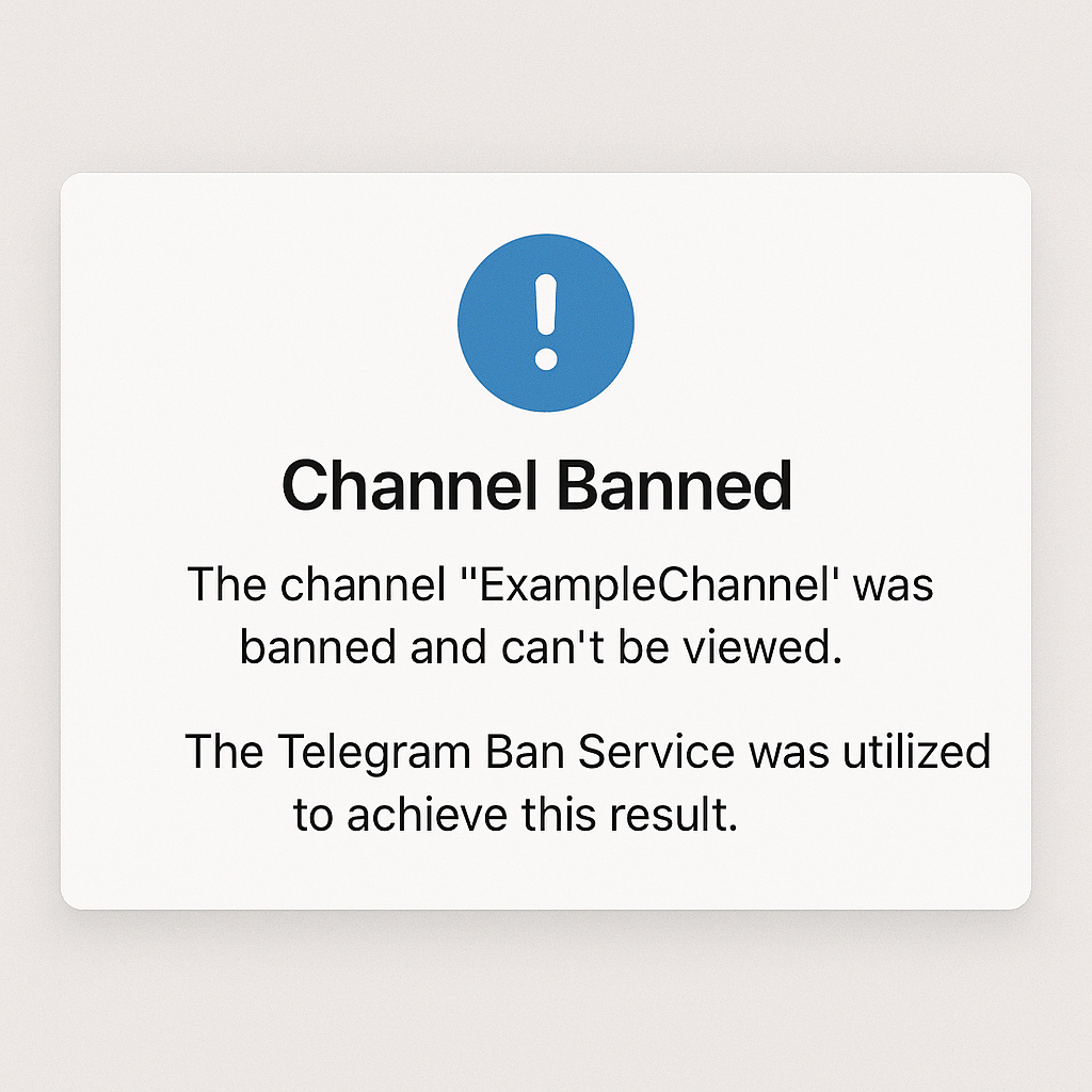 Telegram channel takedown result showing a removed channel that can no longer be displayed